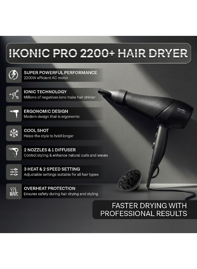 أي كونيك مجفف شعر Ikonic Pro 2200+، بقدرة 2200 واط مع محرك AC قوي، تقنية الأيونات، إعدادان للسرعة و3 إعدادات للحرارة، زر هواء بارد (Cool Shot)، مستوى ضوضاء منخفض، مزود بموزّع هواء وفوهة للتصفيف، مناسب للنساء والرجال، باللون الأسود، مناسب لجميع أنواع الشعر. - Image 5